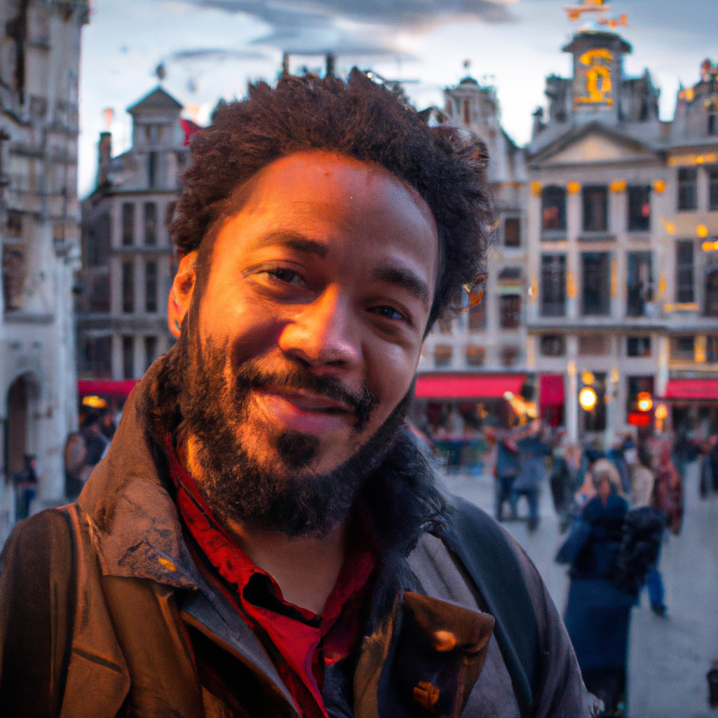 Portret van Elise, Brusselse gids, glimlachend op de Grote Markt