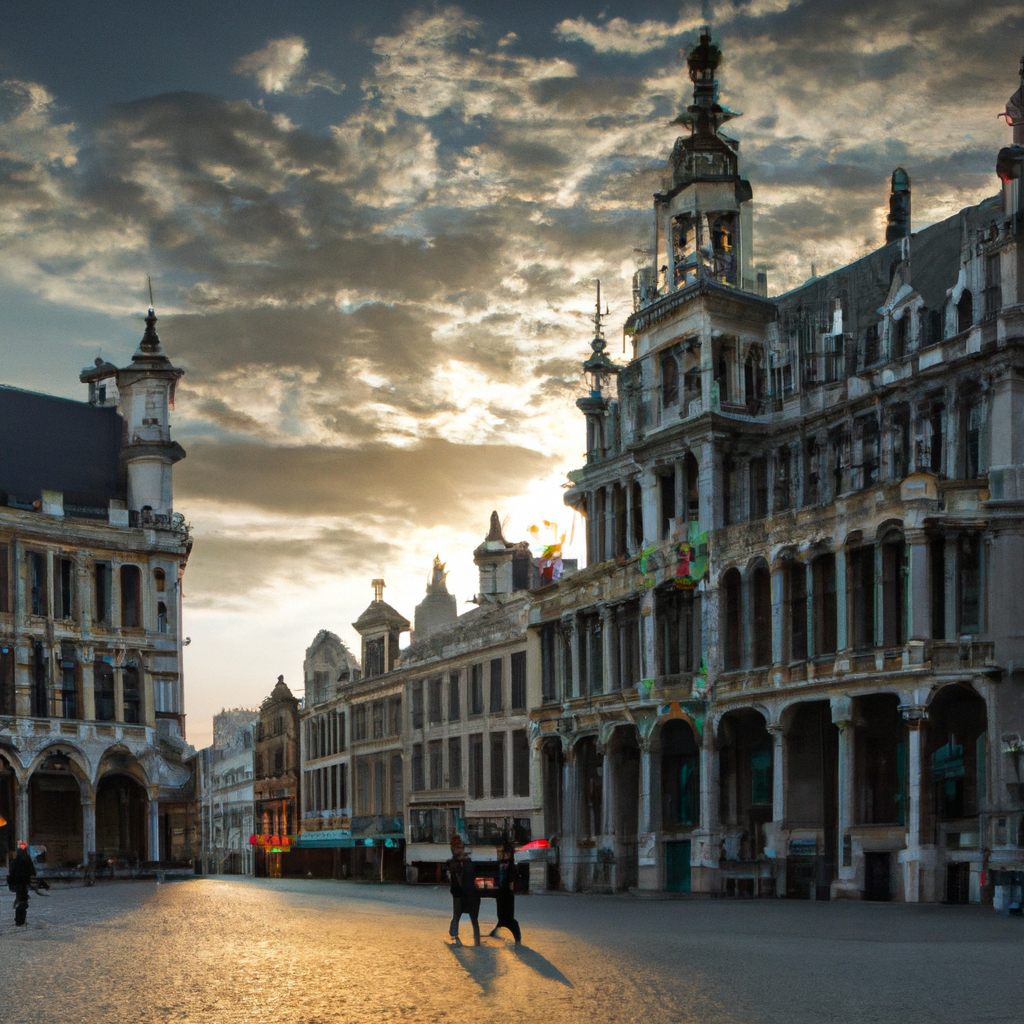 Zonnige ochtend op de Grote Markt in Brussel met gildehuizen, mensen die wandelen en rijke details